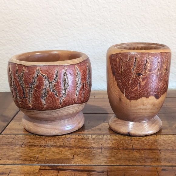 Two Piece Lot - Vintage Hand Turned Raw Edge Ashwood Bowl & Vase - Hand Signed - Picture 12 of 12